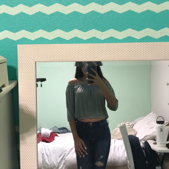 Black and white striped off the shoulder top - Picture 2 of 5